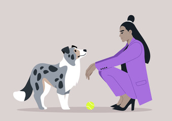 Businesswoman and Blue Marble Border Collie Share a Moment before work, A female owner in a purple suit kneels to say goodbye to a speckled Border Collie beside a yellow ball