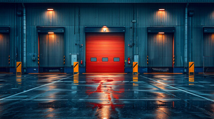 Industrial Warehouse Loading Docks with Red Doors on a Rainy Day. Generative ai - obrazy, fototapety, plakaty