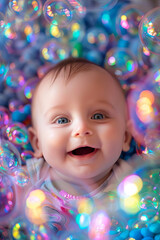 Fototapeta na wymiar A cute baby boy surrounded by colorful bubbles