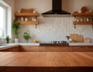 Empty wooden table in the kitchen, blurred background, modern interior style, background for the presentation of products, food, recipes. copy space