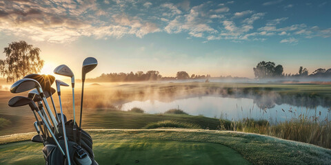 Beautiful sunrise over the golf course with clubs on the grass in front of a pond
