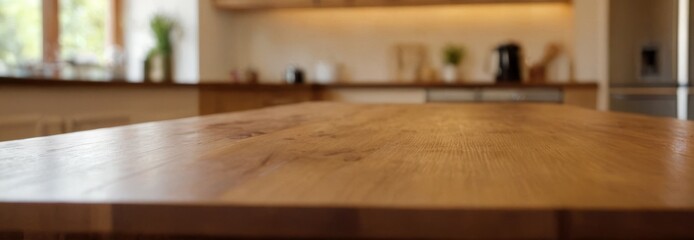 Empty wooden table in the kitchen, blurred background, modern interior style, background for the presentation of products, food, recipes. wide banner, copy space