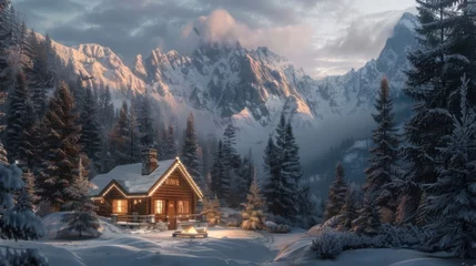 Zelfklevend Fotobehang A cozy holiday cabin nestled amidst towering pine trees and snow-capped mountains, with a flickering fire and warm glow emanating from the windows, offering a peaceful retreat for holiday relaxation a © Haseeb