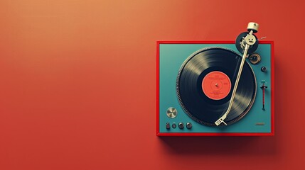 A vintage record player from a topdown perspective, showcasing its retro design - obrazy, fototapety, plakaty