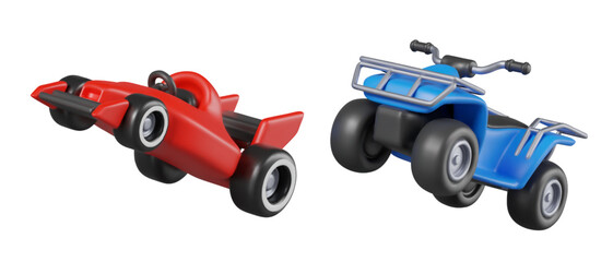 Red racing car, blue ATV. Different types of modern vehicles for car racing