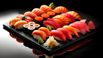 A sumptuous display of various sushi pieces arranged meticulously on a rectangular black slate plate