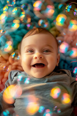 Fototapeta na wymiar A cute baby boy surrounded by colorful bubbles