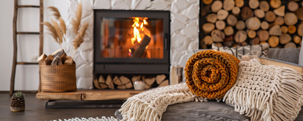 Cozy Rustic Living Room with Fireplace and Stacked Firewood. Warm and Inviting Home Interior with Knitted Blanket by the Hearth