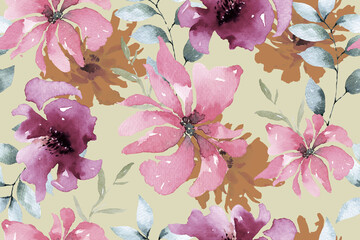 Seamless pattern of blooming flowers painted in watercolor on black background.For fabric luxurious and wallpaper, vintage style.Hand drawn botanical floral colorful pattern.