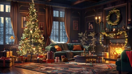 Fototapeta na wymiar A cozy holiday living room scene, with a crackling fireplace, plush armchairs, and a decorated Christmas tree, creating the perfect setting for intimate family gatherings and cherished holiday traditi
