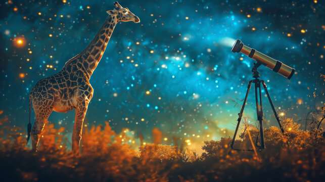 Giraffe with celestial neck peering through a telescope into a starry night, conceptual artwork.