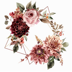A watercolor illustration of an elegant flower wreath with pink and maroon flowers