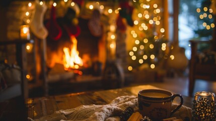 A cozy holiday pajama party, with friends and family gathered around a crackling fire, sipping hot cocoa and sharing stories amidst a backdrop of twinkling lights and festive decorations.