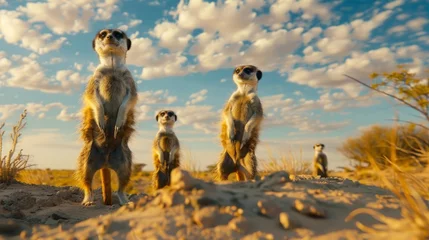 Tuinposter A curious group of meerkats, standing on their hind legs with alert expressions, as they keep watch over their burrow in the sandy plains of the Kalahari Desert. © Haseeb