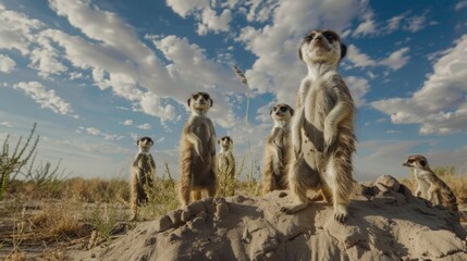 A curious group of meerkats, standing on their hind legs with alert expressions, as they keep watch over their burrow in the sandy plains of the Kalahari Desert. - obrazy, fototapety, plakaty