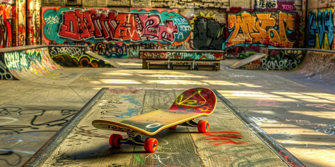 Skateboard resting on table in vibrant graffiticovered skate park environment - obrazy, fototapety, plakaty