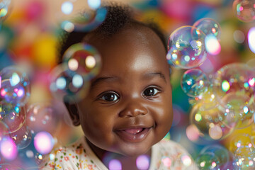 Fototapeta na wymiar A cute baby girl surrounded by colorful bubbles