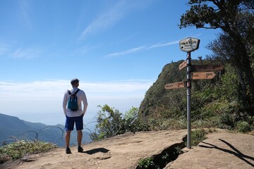 Beautiful scenery of Horton Plains National Park in Nuwara Eliya, Sri Lanka. Silhouette of standing...