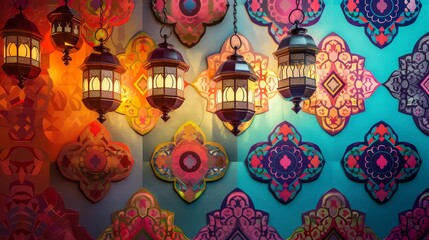 a backdrop of geometric Moroccan tile patterns in vibrant colors. Overlay the design with hanging lanterns casting a warm glow, creating a festive Eid atmosphere