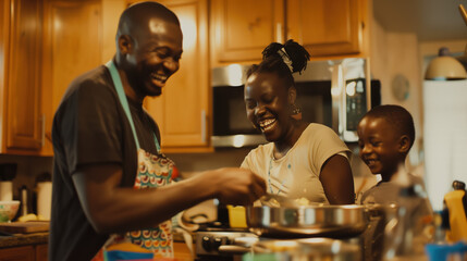 family laughing in the kitchen