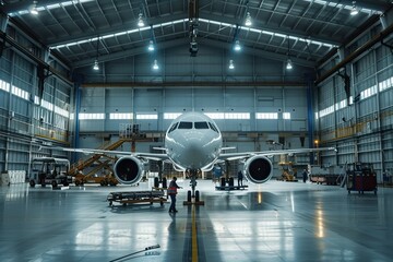 Commercial airplane in hangar with maintenance crew - obrazy, fototapety, plakaty