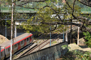 Wagon of the Caracas Metro in Venezuela, passing along the rails, arriving at the Caño Amarillo...