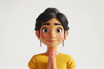 Think pray dream Indian cartoon character young adult woman girl person portrait in 3d style design on light background. Human people feelings expression concept