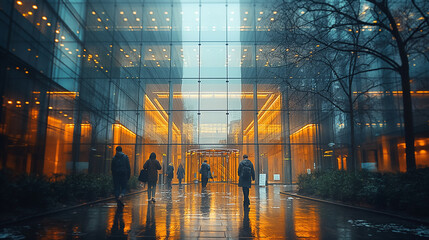 Glass buildings and moving people. - obrazy, fototapety, plakaty