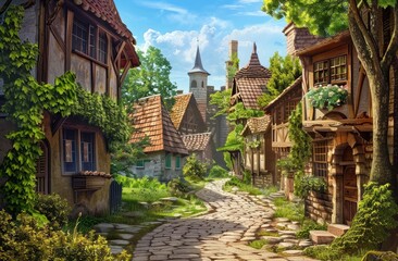 Obraz premium Enchanted Children's Storybook Village Scene with a Cobblestone Road