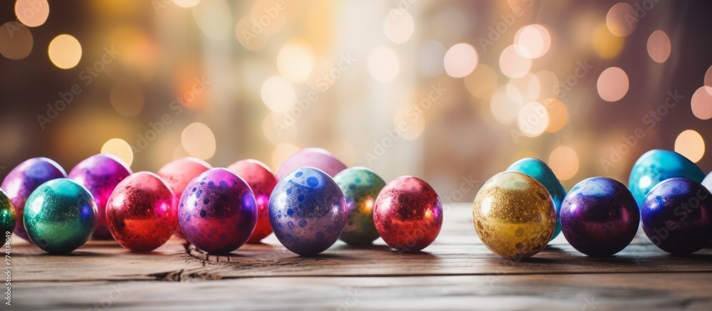 Poster A row of vibrant and decorative Easter eggs displayed neatly on a rustic wooden table