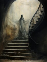 Ghost of a woman in the hood in melting long dress on the stairs in old gothic abandoned castle, vertical image. - obrazy, fototapety, plakaty
