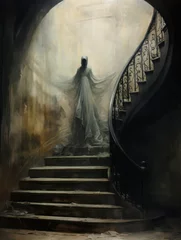 Deurstickers Ghost of a woman in the hood in melting long dress on the stairs in old gothic abandoned castle, vertical image. © junky_jess