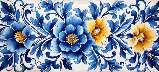 Artistic pattern on tiles made using the majolica technique drawn by hand with watercolors used for textile prints and fabric designs, Generative AI 