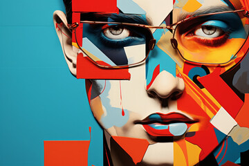 A realistic painting of a man face featuring glasses with attention to detail and lifelike expression. Contemporary modern trendy stylish pop art drawing in bold hues