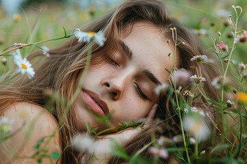Portrait of beautiful young long-haired woman lying in park and smelling flowers - obrazy, fototapety, plakaty