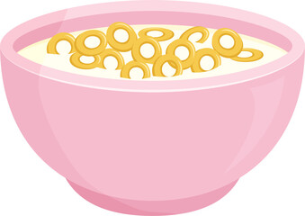 Cereal milk breakfast in bowl, cornflakes and porridge oatmeal, granola. Healthy food plate. Sweet kids eating illustration