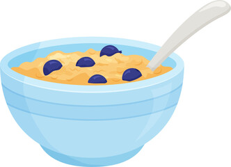  Cereal breakfast in bowl, cornflakes and porridge oatmeal, granola with blueberry. Healthy food plate. Sweet kids eating illustration