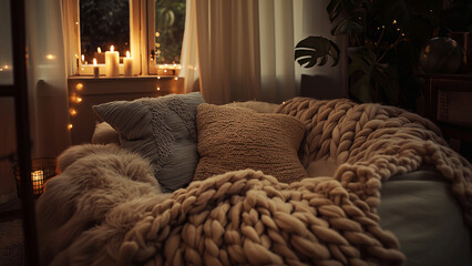 Cozy bedroom corner with plush bedding knit throw fairy lights and candles on a windowsill. Comfort...
