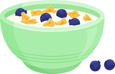 Cereal milk breakfast in bowl, cornflakes and porridge oatmeal, granola and blueberry. Healthy food plate. Sweet kids eating illustration
