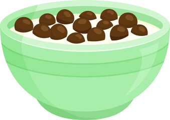 Cereal milk breakfast in bowl, chocolate cornflakes and porridge oatmeal, granola. Healthy food plate. Sweet kids eating illustration