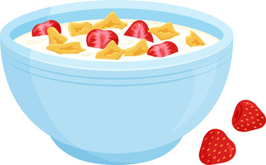 Cereal milk breakfast in bowl, cornflakes and porridge oatmeal, granola with strawberry. Healthy food plate. Sweet kids eating illustration