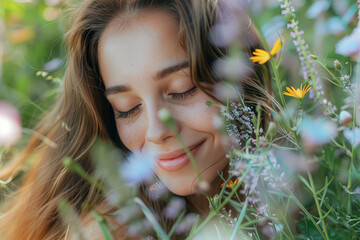Portrait of beautiful young long-haired woman lying in park and smelling flowers - obrazy, fototapety, plakaty