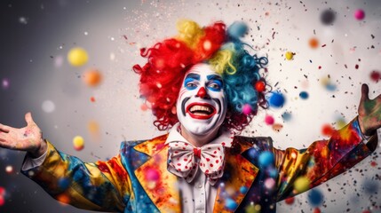 Funny clown with colorful balloons and confetti with isolate background. April Fool's Day concept - obrazy, fototapety, plakaty