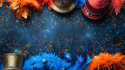 Colorful carnival hats with feathers and confetti on a dark background.