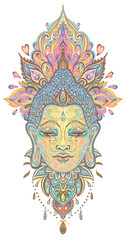 Fototapeta premium Buddha face over ornate mandala round pattern. Esoteric vintage vector illustration. Indian, Buddhism, spiritual art. Hippie tattoo, spirituality, Thai god, yoga zen Coloring book pages for adults.