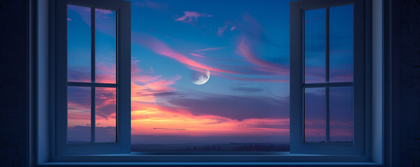 View of a colorful dusk sky through an open window.