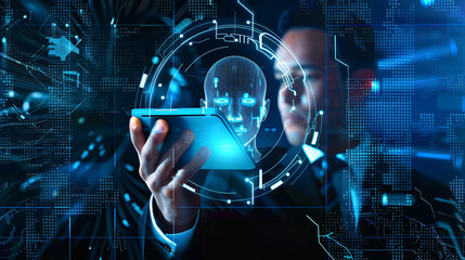 artificial intelligence concept, businessman using digital tablet, analysis digital 3d human face, business data, polygonal face, brain power, blue background, generative ai