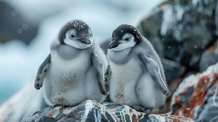 Two baby penguins are sitting on a rock, one of them is looking at the camera