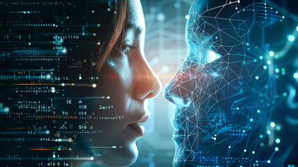artificial intelligence concept, closeup of a businesswomen and robot opposite see, business data, and coding data flow, polygonal, blue background, generative ai