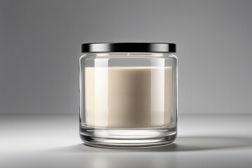 a glass candle with a white lid on a table
